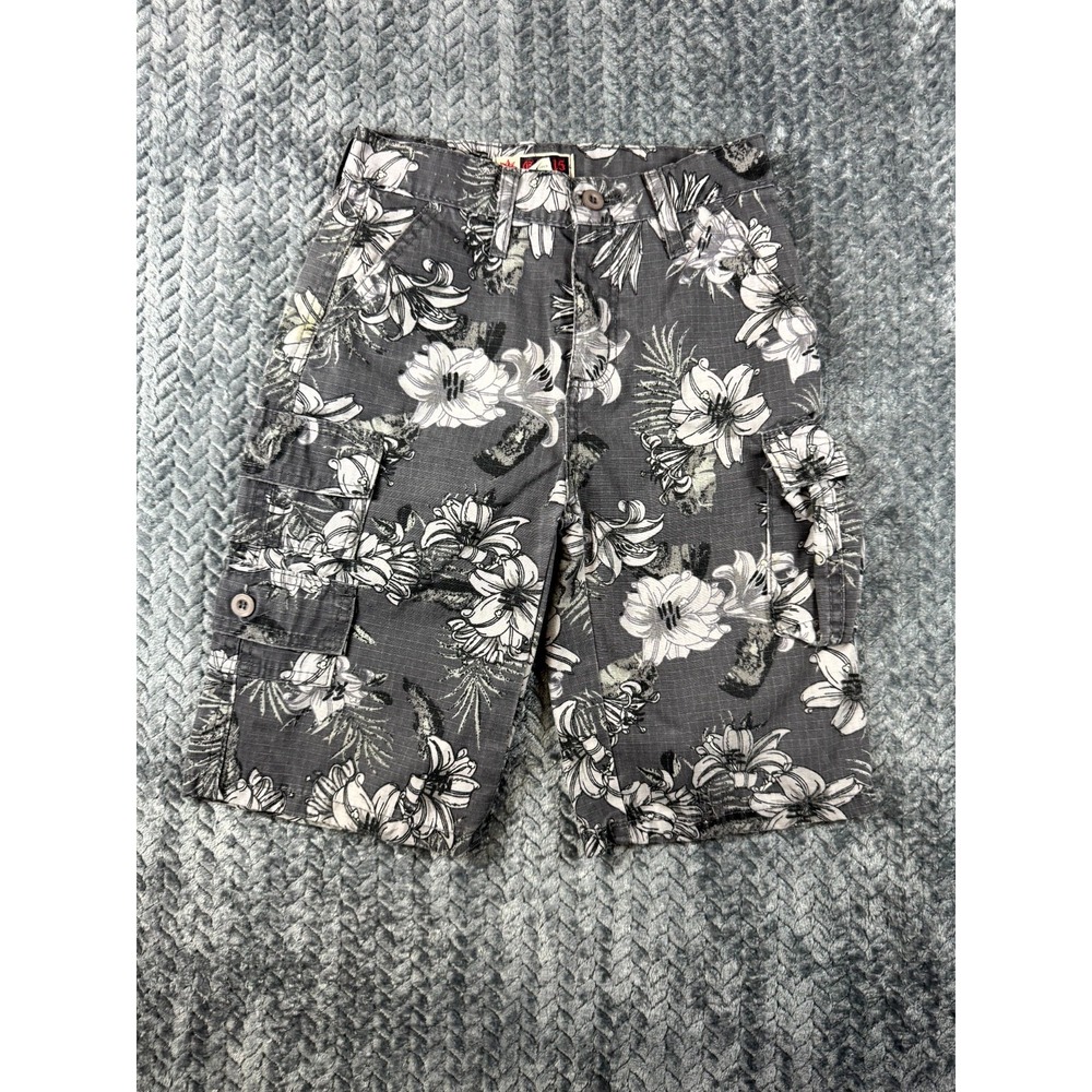 GS115 Ripstop Cargo Shorts Boys‎ 7 Gray Floral Hibiscus Cotton Low Rise Outdoor